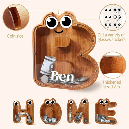 26 Letters Shaped Wooden Piggy Bank Money Box - Customizable Name Bank