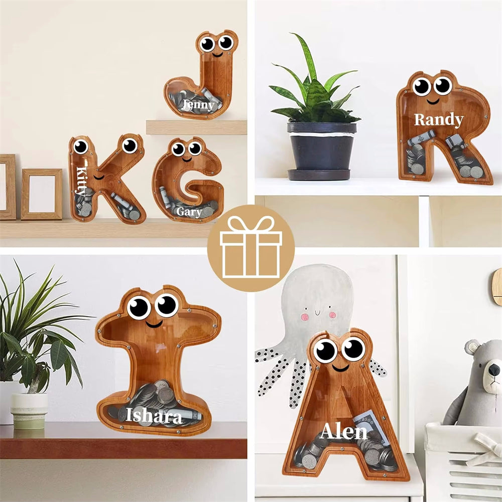 26 Letters Shaped Wooden Piggy Bank Money Box - Customizable Name Bank