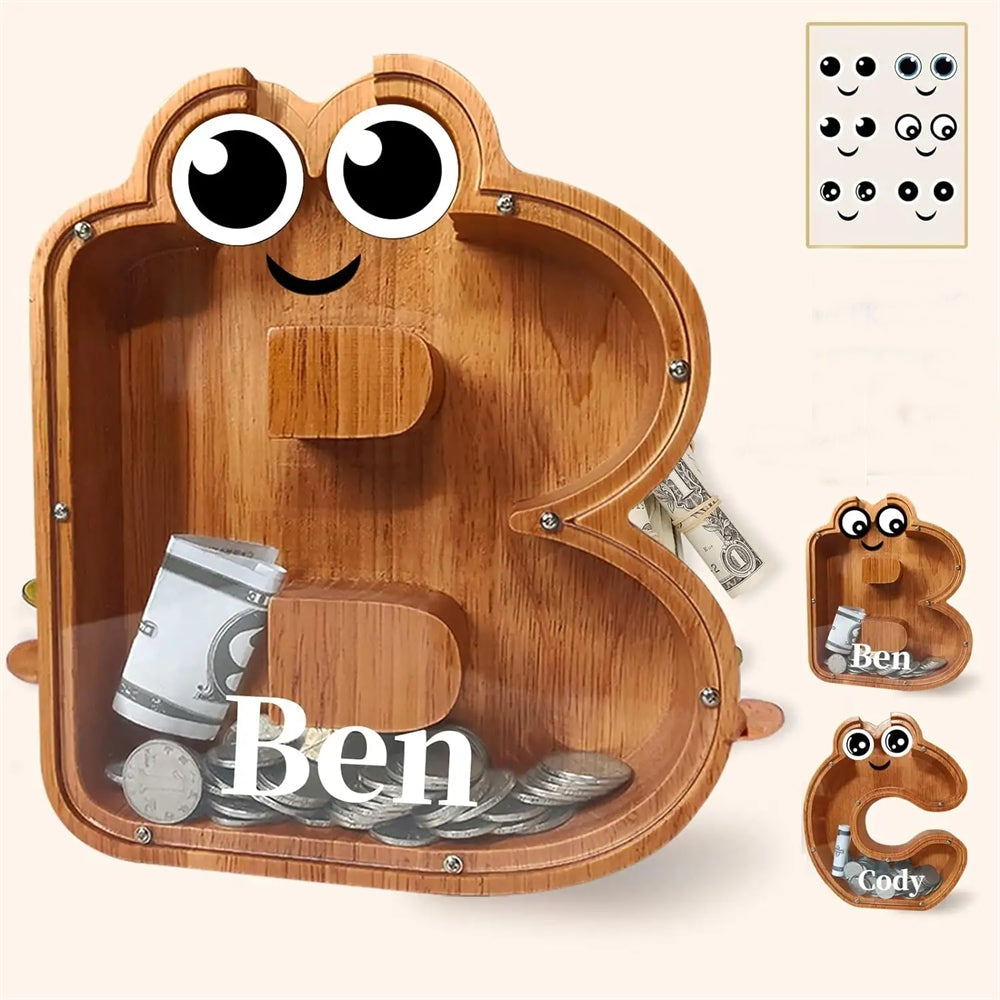 26 Letters Shaped Wooden Piggy Bank Money Box - Customizable Name Bank